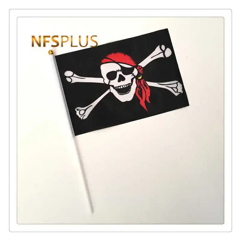 10PCS/LOT Handheld Pirate Flag Small Stick Blackjack Jolly Roger 14x21cm Skull and Crossed Bones Black Flags With Flagpoles