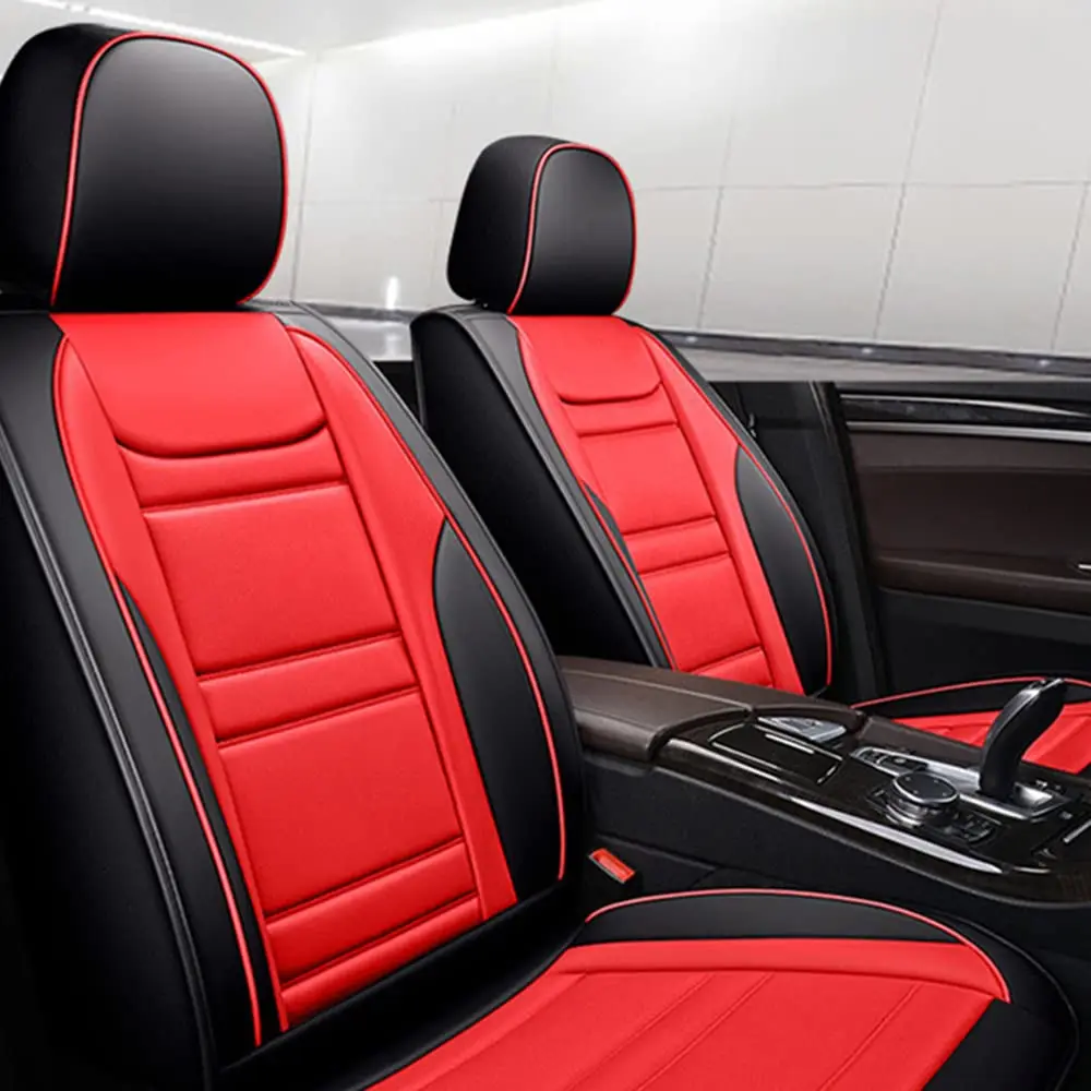 

Черно-красные автомобильные подушки из искусственной кожи с 5 сиденьями, чехлы на передние и задние задние сиденья, полный комплект