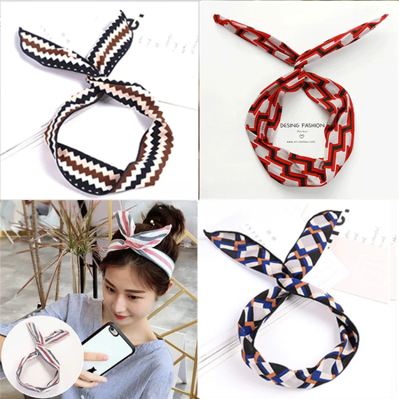 Internet Hot Iron Wire Hair Band Korean Style Female Cute Sweet Rabbit Ears Headband Check Printing Face Wash Head Accessories