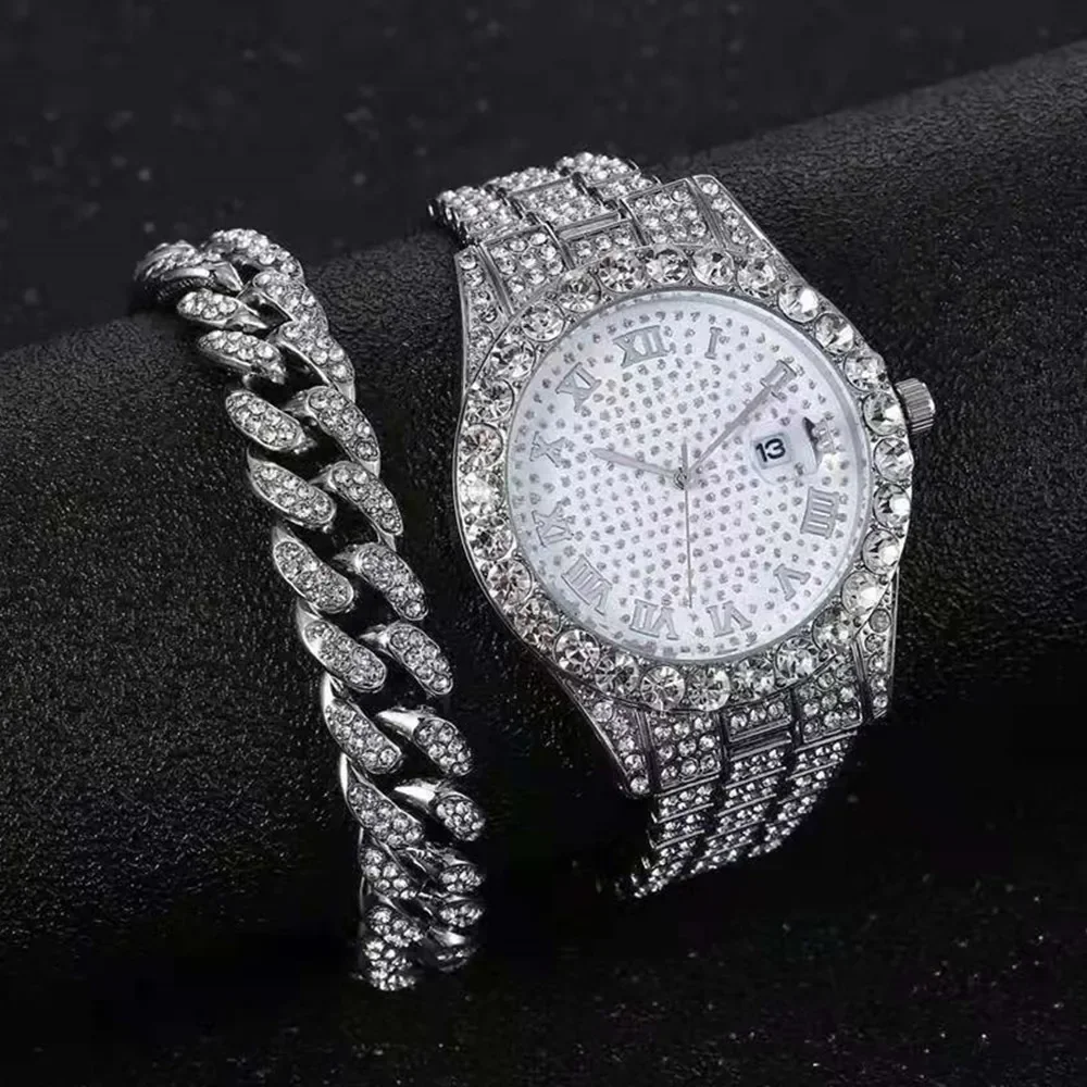 

Iced Out Bracelet + Watches for Men Full Iced Out Watch Quartz Wristwatch Hip Hop Gold Diamond Mens Watch Set Reloj Dropshipping