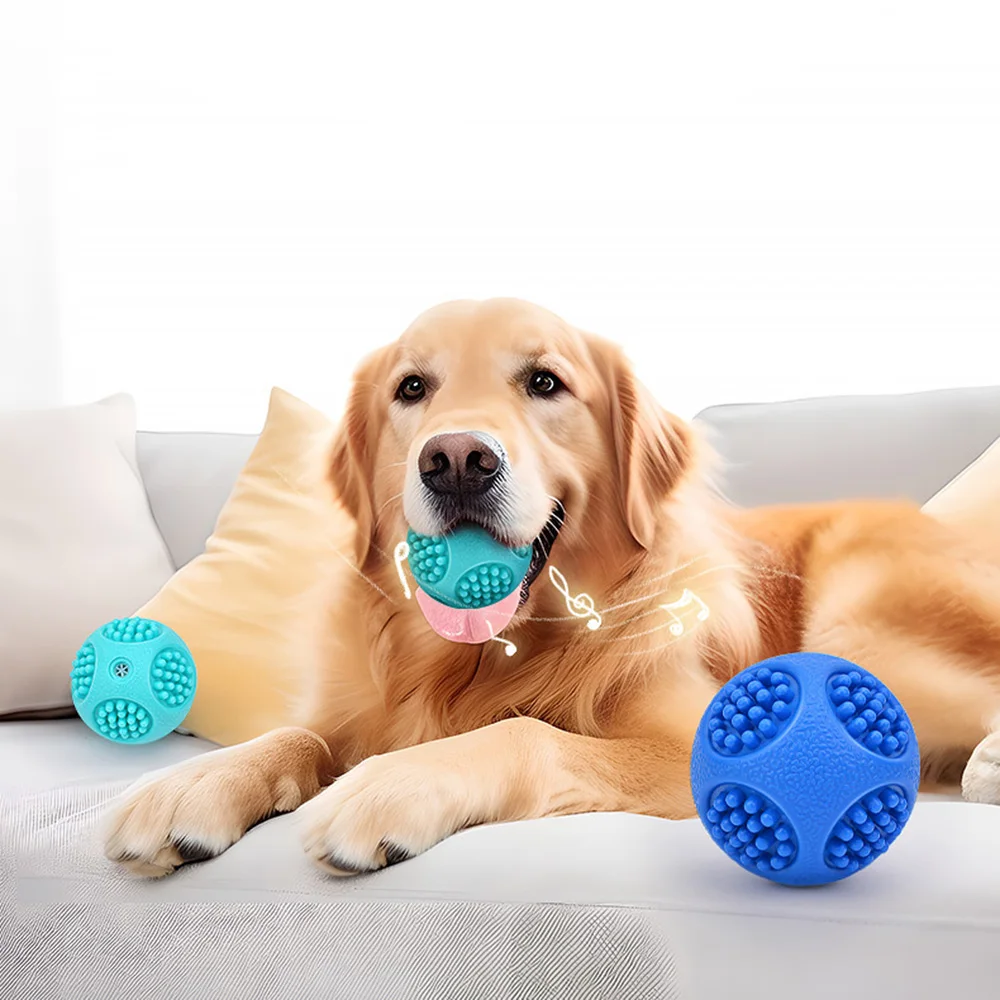 Elastic Spiky Squeaky Dog Chew Ball, Durable Teeth Cleaning Self Playing Toy for Puppies Large Dogs Interactive Play Accessory