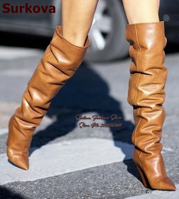 Surkova marrone nero opaco tacchi a spillo stivali sopra il ginocchio punta a punta stivali alti alla coscia Slouchy scarpe eleganti pieghettate da donna AliExpress