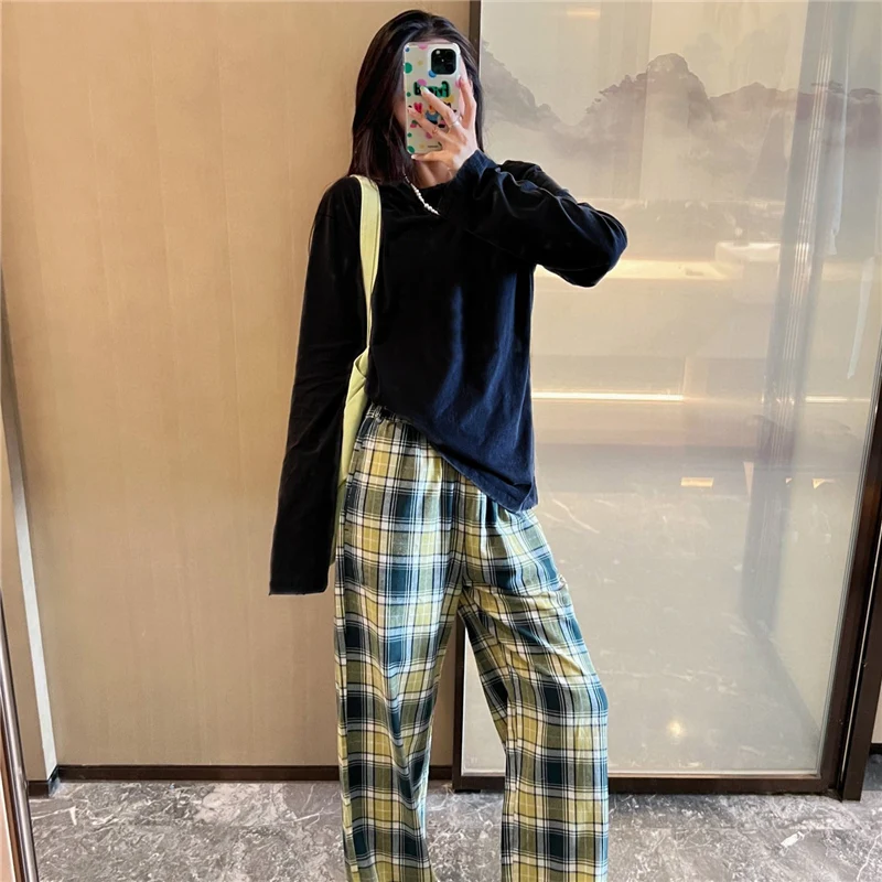 Autumn New Pajamas Casual Women's Checkered Home Furnishing Ins Style Comfortable and Simple Cotton Imitation Fashion Set