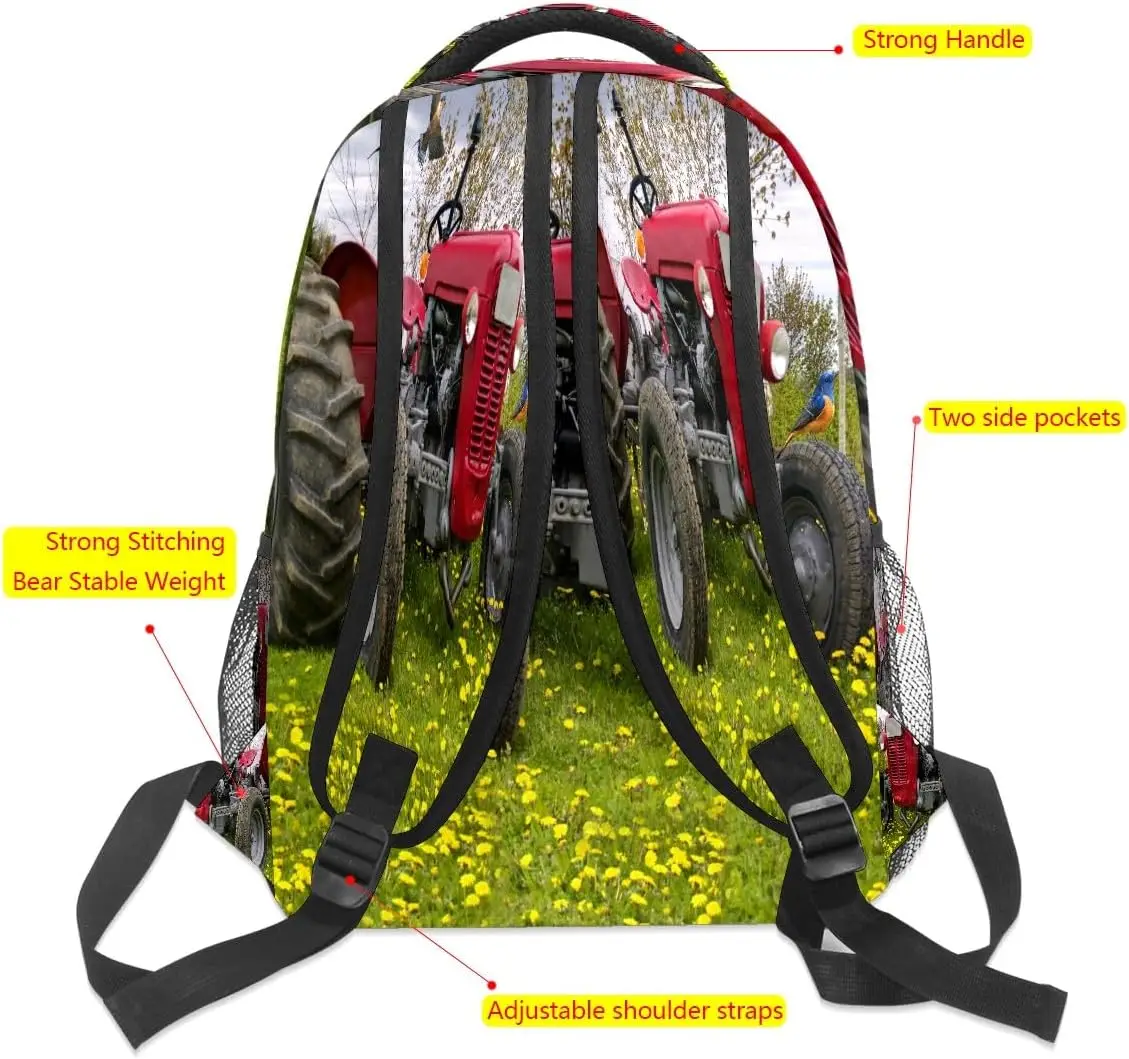 حقيبة ظهر حمراء للجرارات، طباعة مشهد الريف، حقيبة يومية واسعة مع جيوب شبكية، رائعة لمحبي الطبيعة والاستخدام الخارجي #2