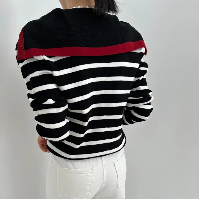 Neploe Fashion Sailor Collar Striped Knitted Cardigan 2024 Autumn Winter New Tops Women Y2k Slim Fit Swetry z długim rękawem