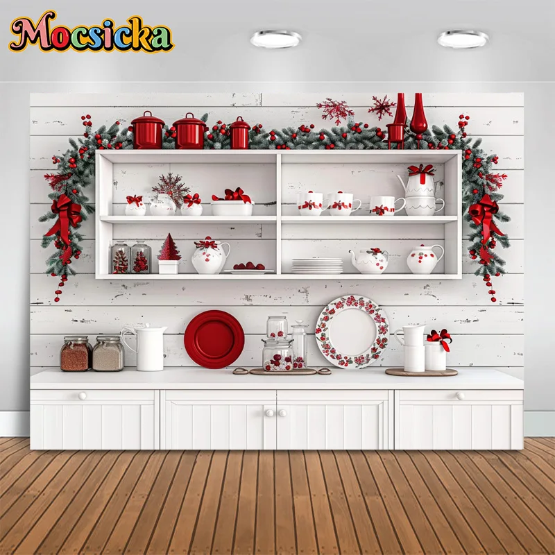 Mocsicka Photography Back Christmas Party Xmas Wreath Kitchen Background Family Portrait Cute Kid Portrait Photo Banner Studio