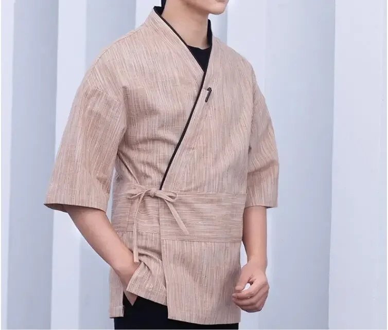 ใหม่ญี่ปุ่นซูชิเสื้อฤดูใบไม้ผลิอาหาร Chef Uniform ทํางานผู้ชายสีน้ําตาล