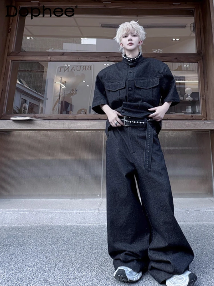 

Мужские джинсовые куртки с короткими рукавами и воротником-стойкой, новинка лета 2025, модные мужские джинсовые длинные брюки высокого класса, шикарные комплекты из двух предметов