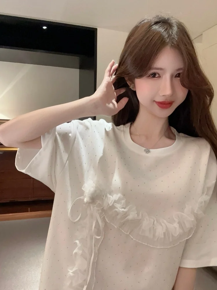

Heavy Embellished T-Shirt Women's Summer Loose Fit Mid-Length Slimming Top with Rhinestones And Mesh Half Sleeve round Neck
