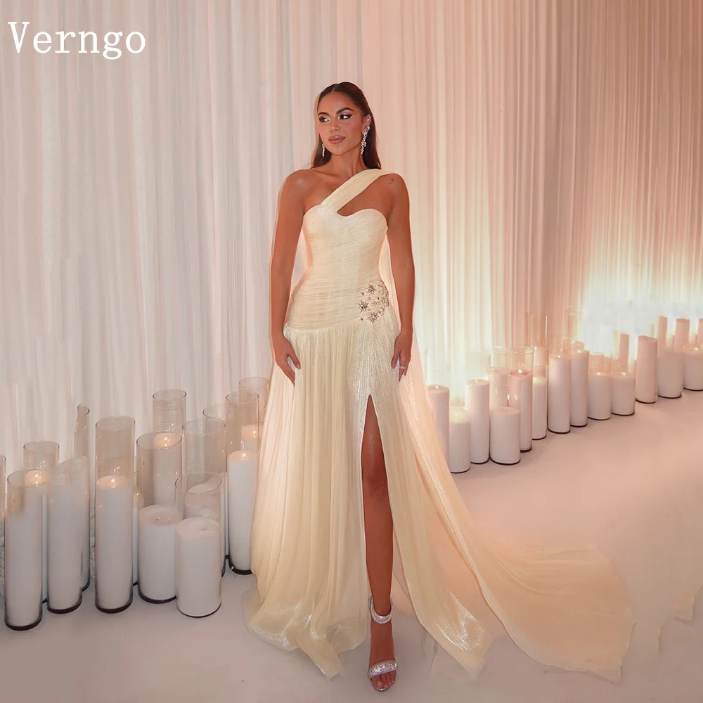 

Verngo lvory Shiny Evening Dress One Shoulder A Line Side Slit Prom Gowns Luxury Sequined Silk Party Dress Arabia Customized