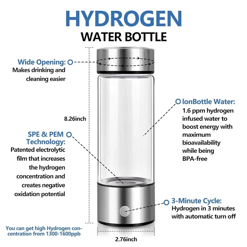 Rechargeable Hydrogen Water Bottle Portable Hydrogen Water Machine Generator For Home, Office, Travel 2Piece