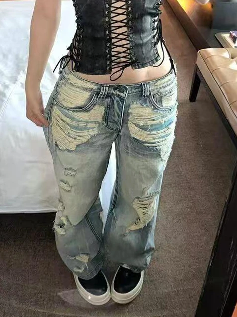 

Джинсовые джинсы с низкой талией, женские пряные свободные узкие широкие брюки High Street, летние модные антибактериальные широкие брюки...