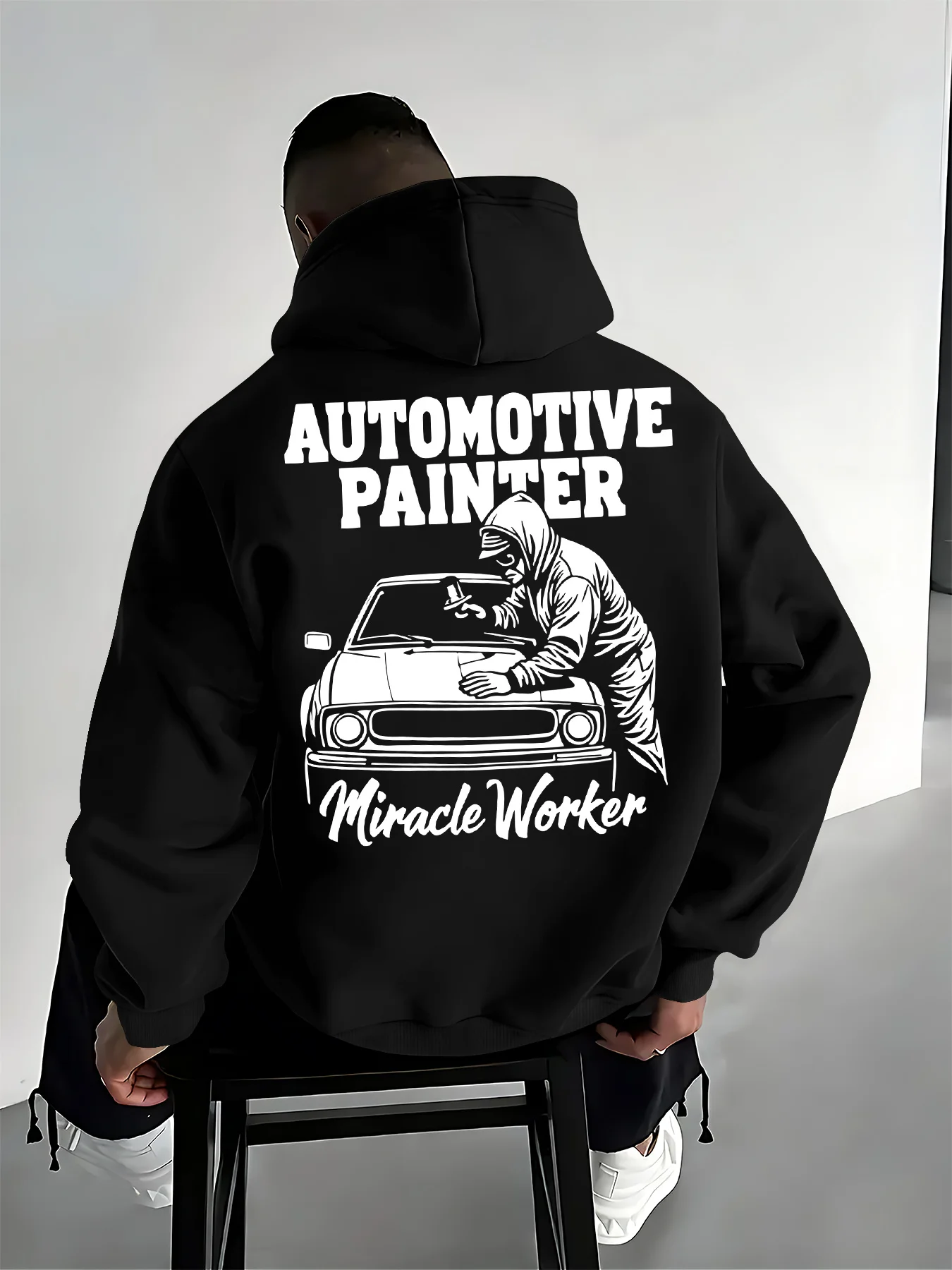 Moletom Masculino de Inverno Quente com Estampa de Pintor Automotivo, Moletom Esportivo Casual Solto para Treino, Blusa Pulôver