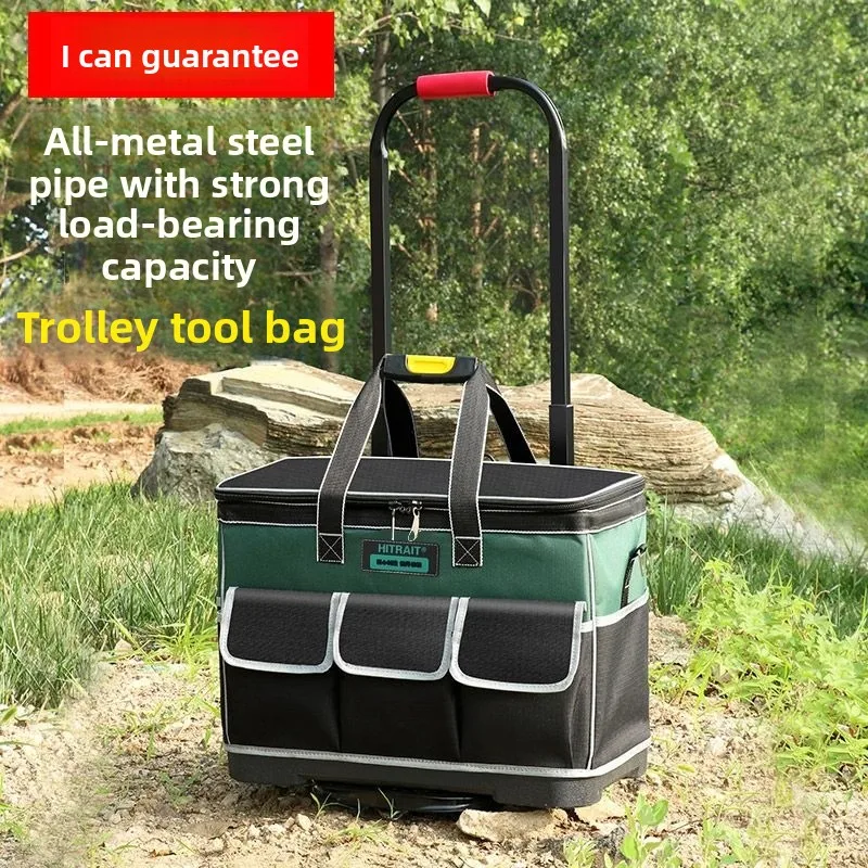 Rolling Tool Bag with Telescopic Handle and Wheels, Oxford Fabric Trolley Tool Case for Electricians, Home Repair, Auto
