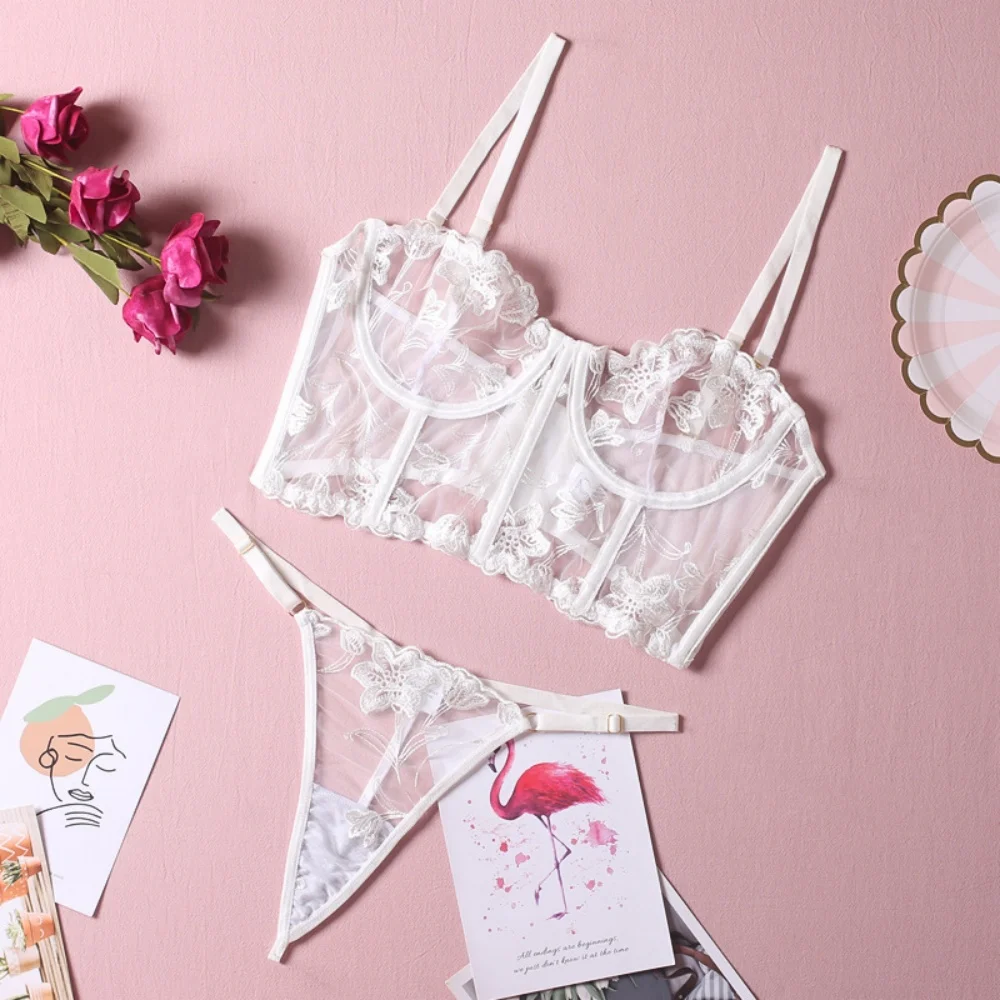 الأبيض المطرزة هيكل السمكة طويلة الصدرية سلسلة الملابس الداخلية مجموعة Bralette الصدرية الملابس الداخلية عشاق عيد الحب بوستير ومشد