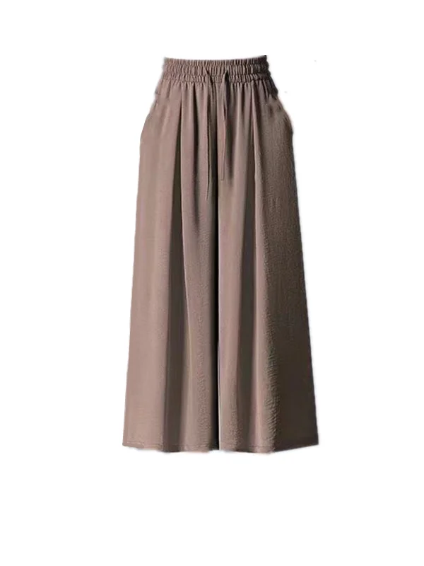 Pantalon à jambes larges en soie glacée pour femmes, jupe fine et ample drapée, décontracté, coréen, taille haute, en Fiber de Polyester, été