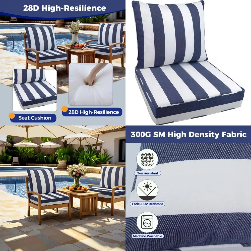 

24 Outdoor Seat Cushion Set, Waterproof & UV-Resistant, Deep Seat Patio Chair Covers, Removable, Sapphire Blue Stripes