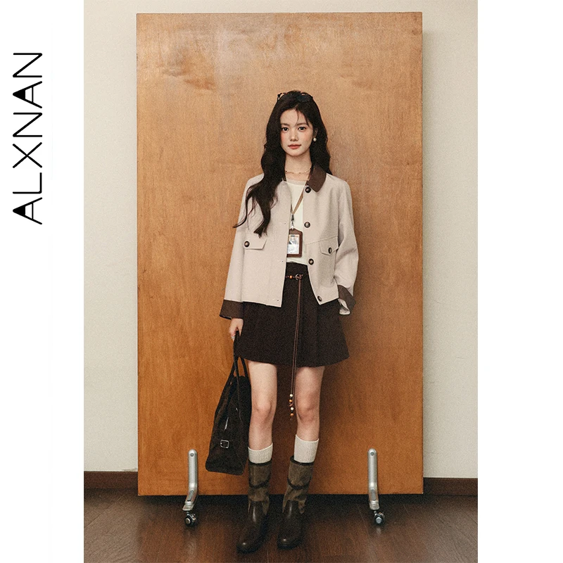 ALXNAN veste courte automne nouveau col rabattu Patchwork poignets femme manteaux poche coupe ample décontracté déplacements vêtements d'extérieur L57923