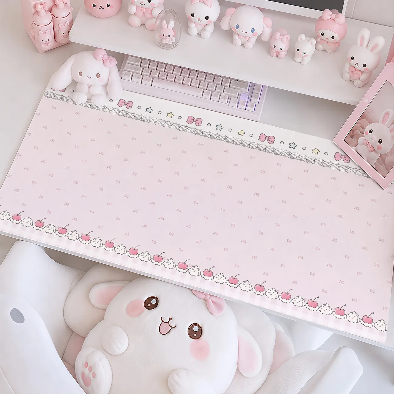 Ins Cute Pink Cat Polka Dot PU Leather Desk Mat Protector Office Mouse Pad Waterproof Non-Slip Carpet Mat Laptop Desk Blotter Pa