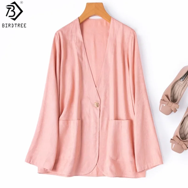 

Birdtree, 100% Real Silk Suit Cardigan, Women V-neck Jacquard Jacket, Full Sleeve Commuting Loose Coat, 2026 Spring New T62003JF