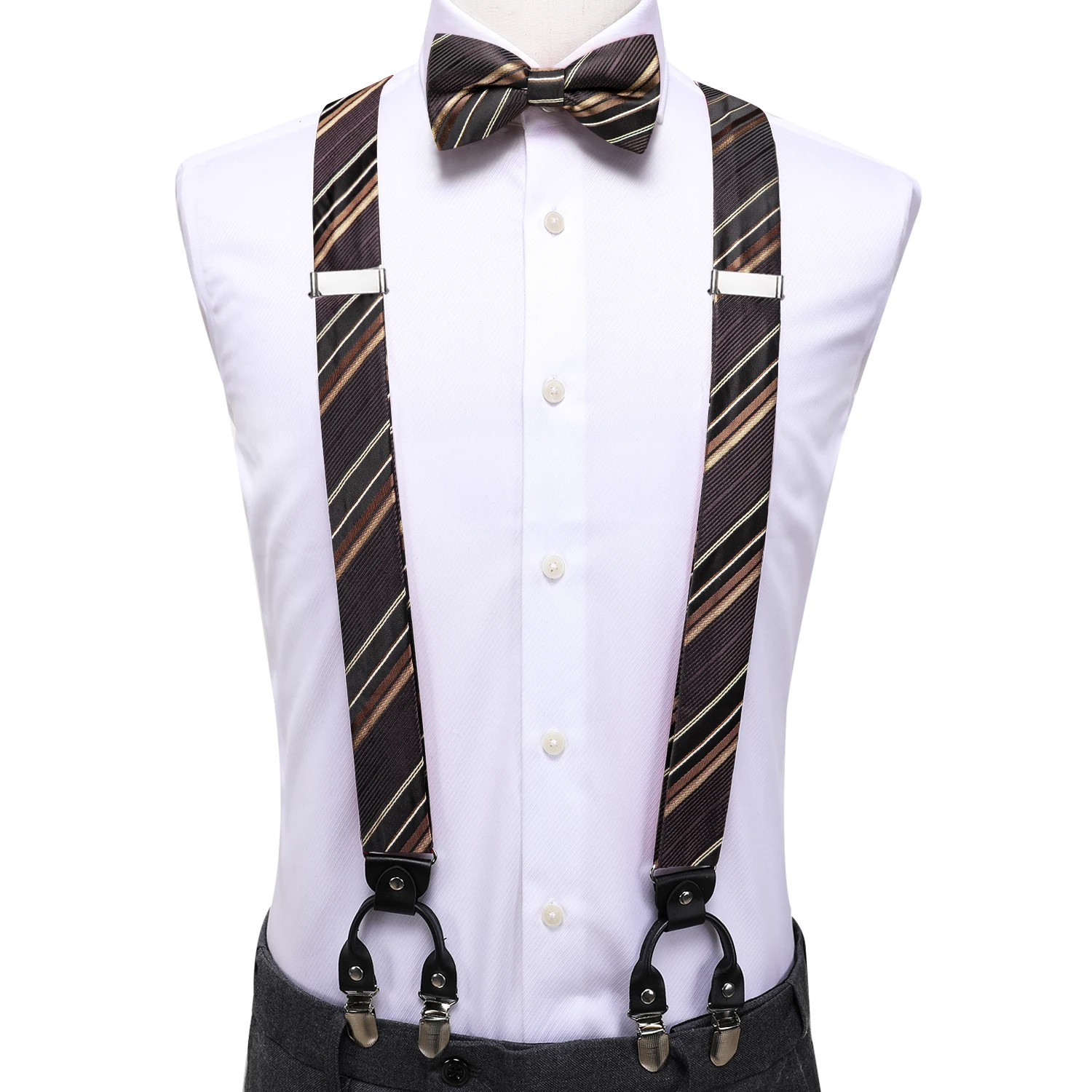 Hi-Tie Brown Striped Silk Men Suspender Bowtie Hanky Cufflink Adjustable Clip On Brace for Male Wedding Business Wholesale