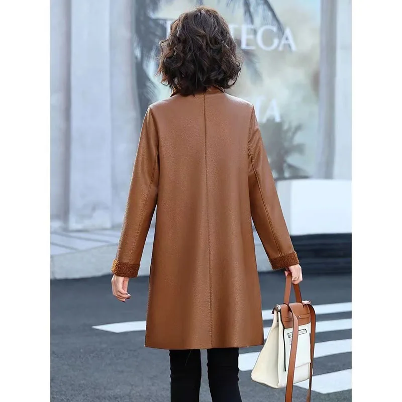 Manteau long en cuir pour femme, veste coréenne, grande taille, coupe-vent en fourrure, nouvelle tendance féminine, automne, hiver, 2024