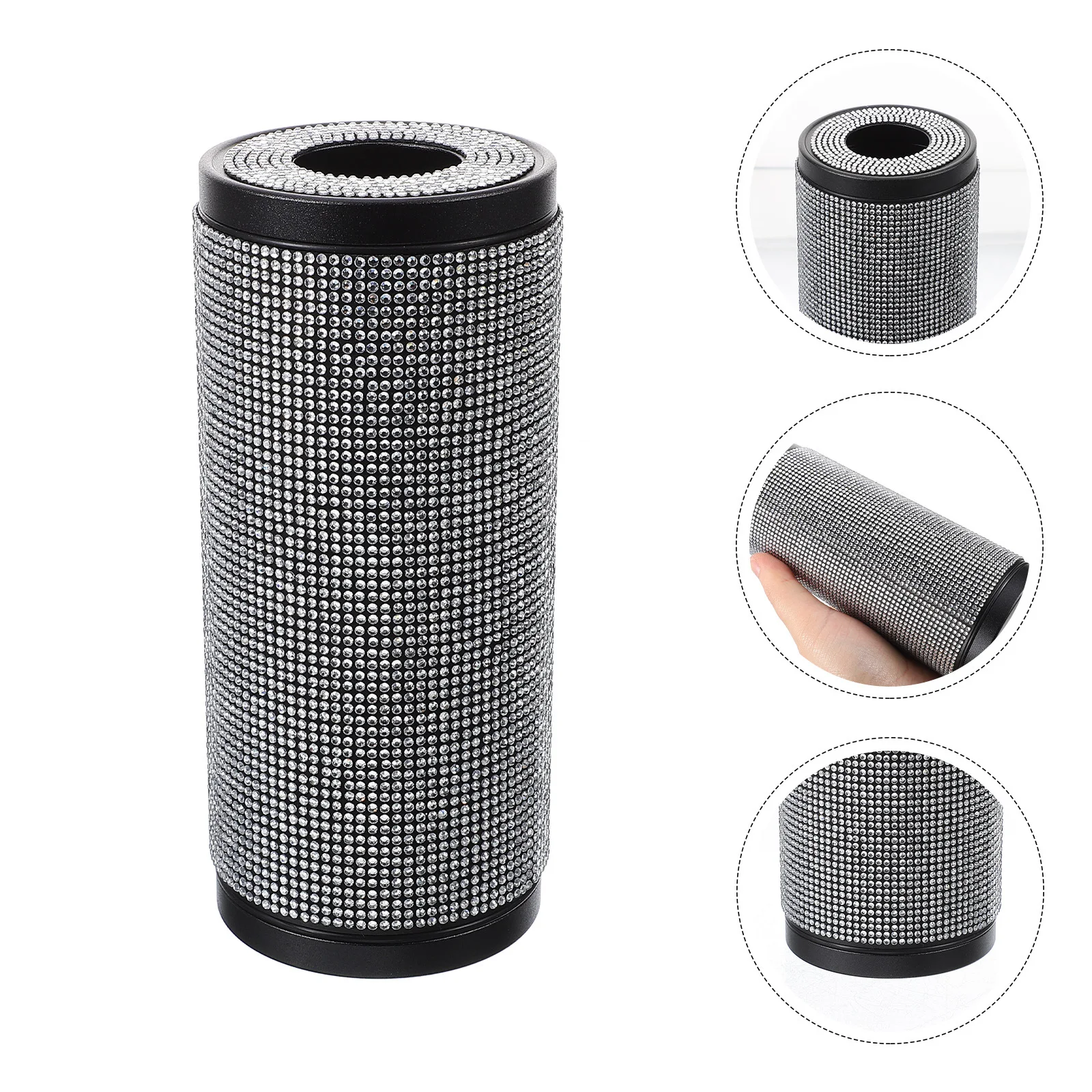 

Car Tissue Box Round Plastic Holder Refined Rhinestone Inlay Stabilized Non-Slip Organizer Travel Home Office Paper Towel