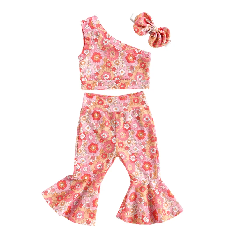 Toddler Girls Summer Outfit Toddler Baby Girls Groovy Bell-Bottoms Clothes Floral Print Sleeveless Crop Top Floral Flared