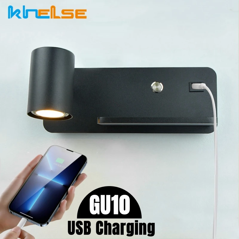 

Nordic Wireless Charging LED Wall Lamp USB Interface 5W GU10 Sconces Headboard Bedside Bedroom Interior Wall Lights With Switch