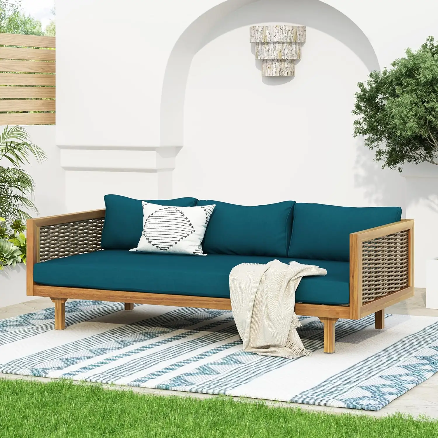 

67.5" Outdoor Patio Daybed 3 Seater Sofa Bed,Acacia Wood Frame with Rattan Arm,Cushion & Pillow for Courtyard