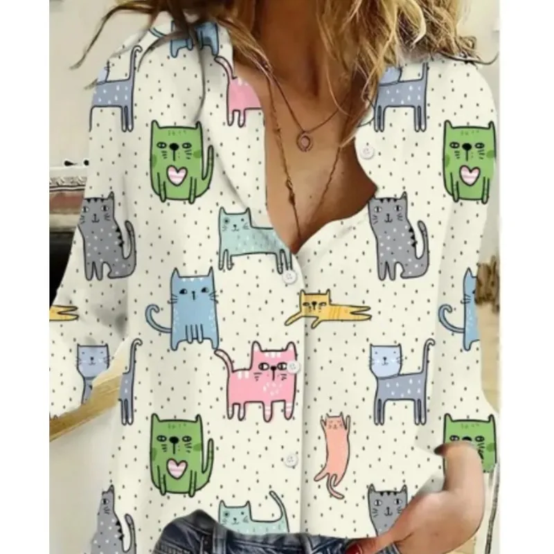 2024 Women\'s Shirt Cat 3D Digital Printing Cute Style Fashionable Casual Trend Lapel Long-Sleeved Cardigan Blouses Femme Blusas