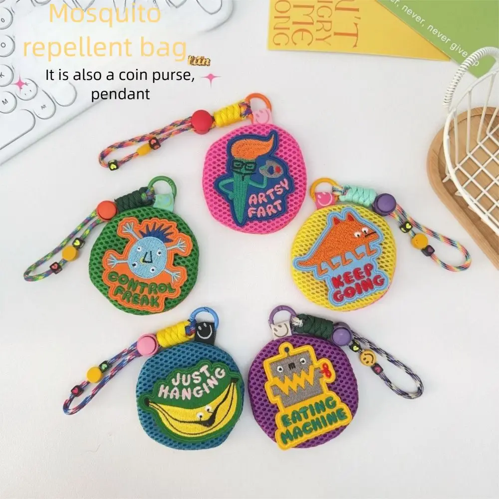 

Portable Small Mesh Pouch Keychain with Handle Rope Buckle Closure Mini Coin Purse Round Cartoon Pattern Anti-mosquito Bag
