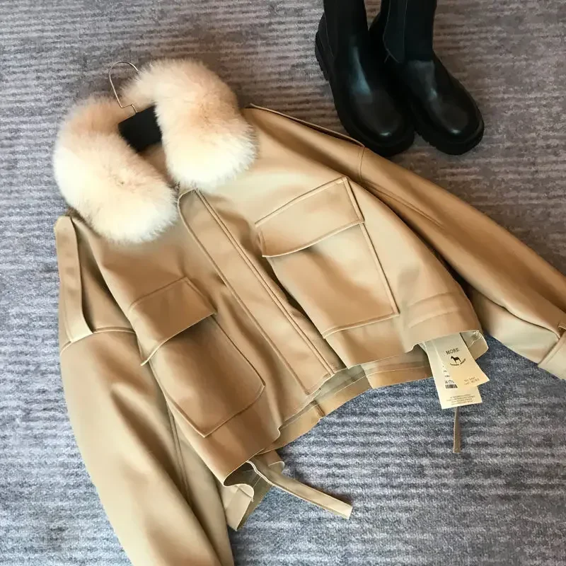 New Chic Autumn Winter Detachable Faux Mink Fur Collar PU Bomber Jacket Plus Velvet Thick Trench Coat Faux Leather Zipper Jacket