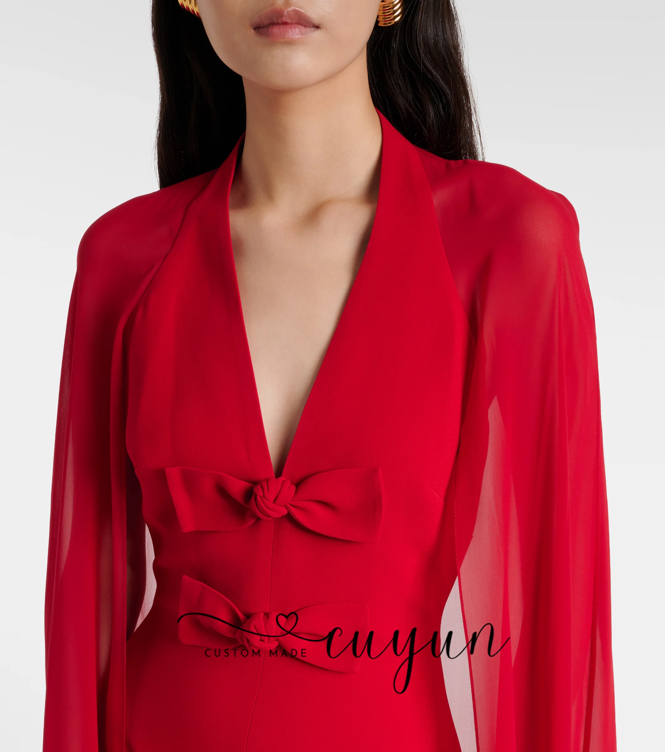 CUYUN Abiti da sera personalizzati con maniche a mantella con scollo a V rosso con fiocco Abito da cerimonia formale per cena in chiffon Abito da ballo per occasioni speciali