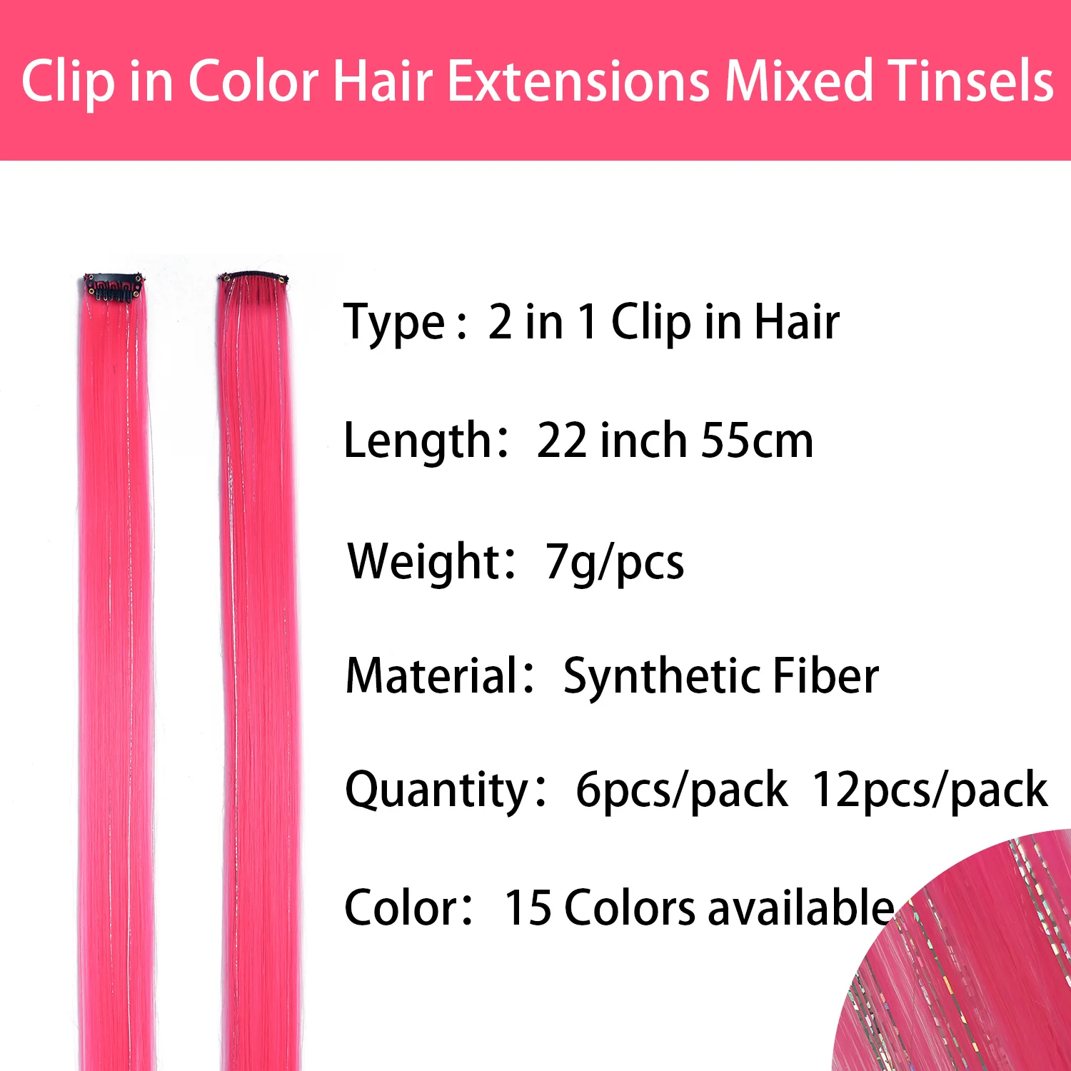 Clip in Colored Hair Extensions Mixed Silver Tinsels Synthetic 2 in 1 Rainbow Hairpiece Holiday Party Highlights for Women Girls