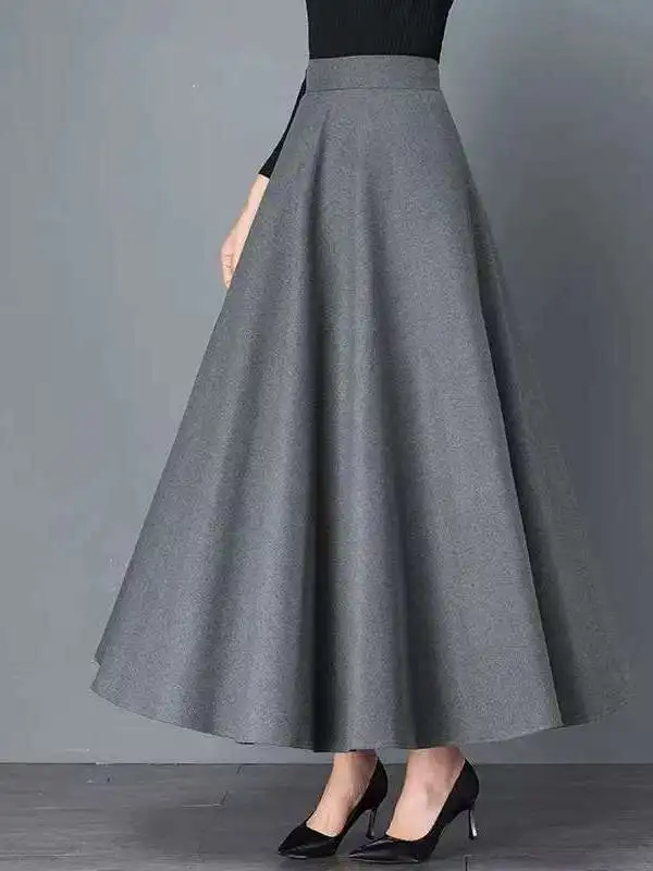 Elegant Black Long A-Line Midi Skirt for Women Slimming Wide Hem High Waist Korean Style Commute Casual plus Size Skirt