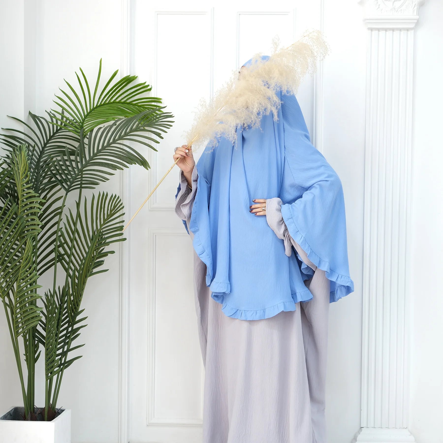 

New Arrival Muslim Fashion Hijabs Ramadan Solid Color Abaya Ruffled Headscarf Middle Eastern Hijab Muslim Women Khimar