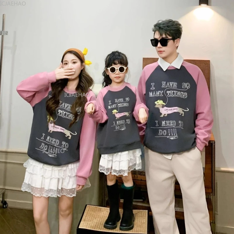 Family Matching Children Color Block Round Neck Tops Mom Dad with Kids Outfit Unisex Toddler Casual Sweatshirts Autumn Costume