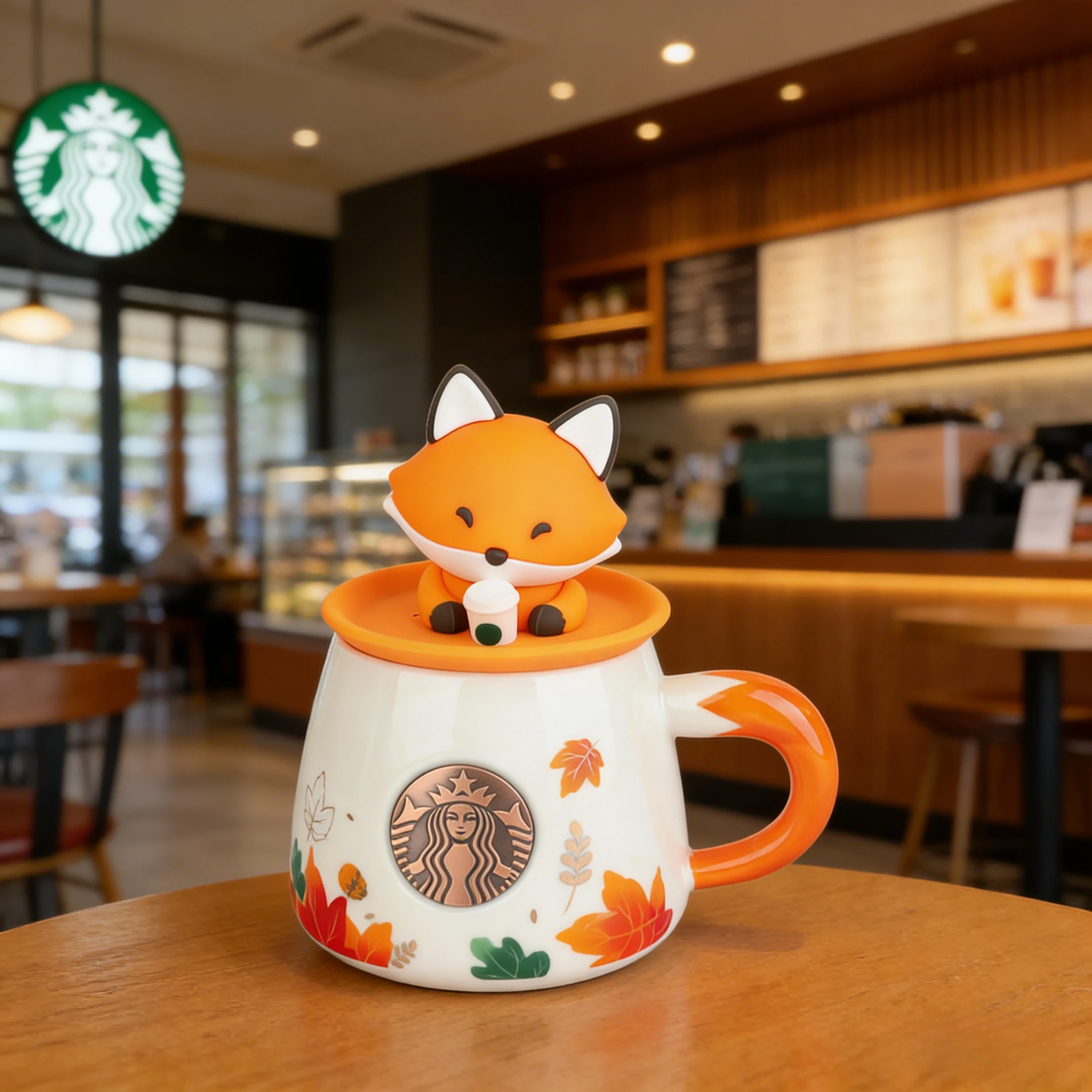 Caneca Starbucks Autumn Forest Cute Fox 300ml, Copo de Cerâmica com Folha de Bordo para Café e Água