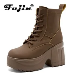 Fujin 10cm Microfiber Synthetic Women Ankle Motorcycle Thick Soled Chunky Heels Platform Wedge Booties Autumn Ankle Spring Shoes