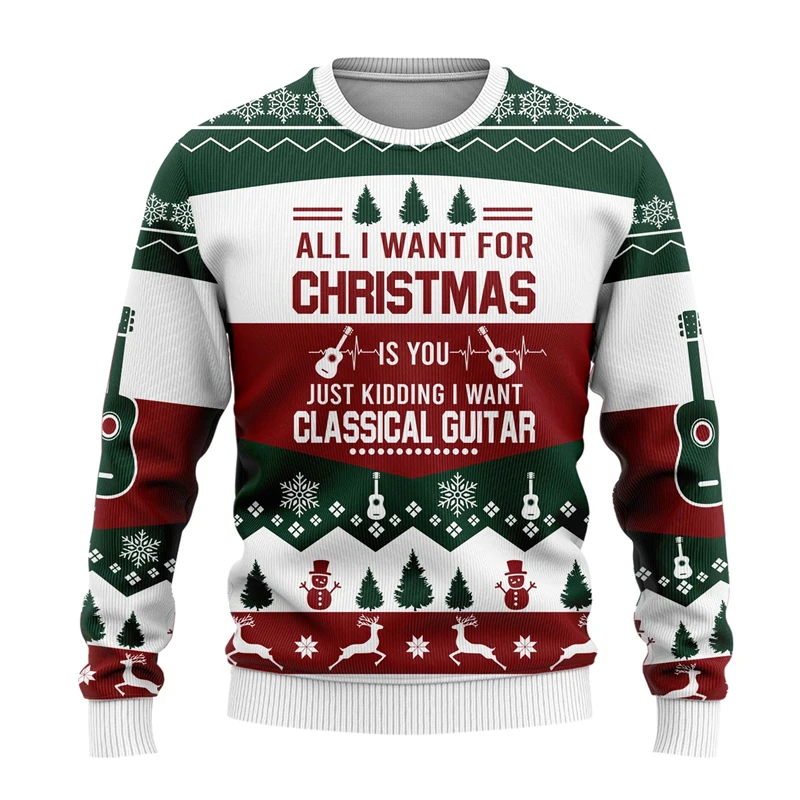 Guitar Christmas Sweaters For Men Clothes Music Cheer Graphic Sweatshirts Harajuku Musical Instrument Woemn Sweaters Unisex Tops