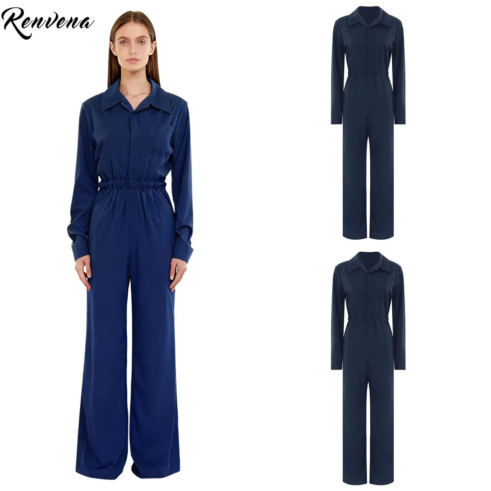 

Женский рабочий комбинезон, модный комбинезон на пуговицах, повседневный комбинезон с отложным воротником и длинными рукавами, цельный наряд с длинными рукавами