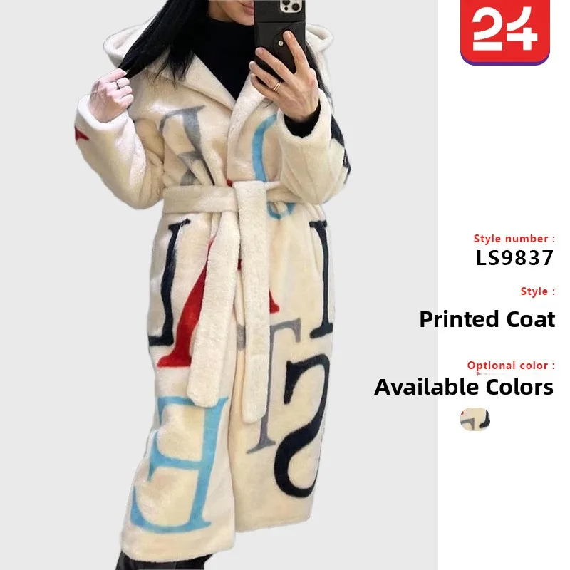 

Faionable Large Size Ladies' Long Woolen Coat Direct S 2025 Cross-Border Letter Print Women's Coat Hat Included