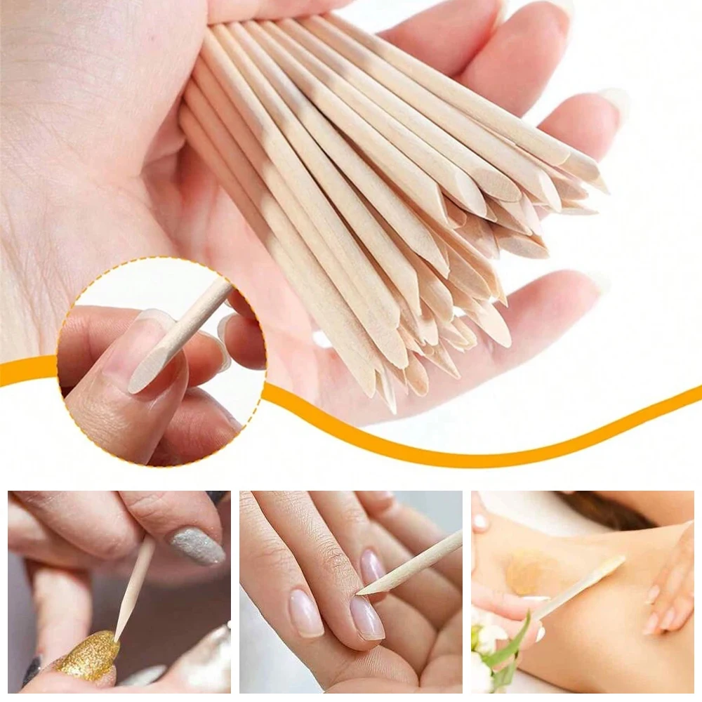 YIKOOLIN 100PCS Set spingipelle e rimozione cuticole Strumenti per nail art con 6 diverse dimensioni Bastoncini di legno Forchette per rimozione cuticole