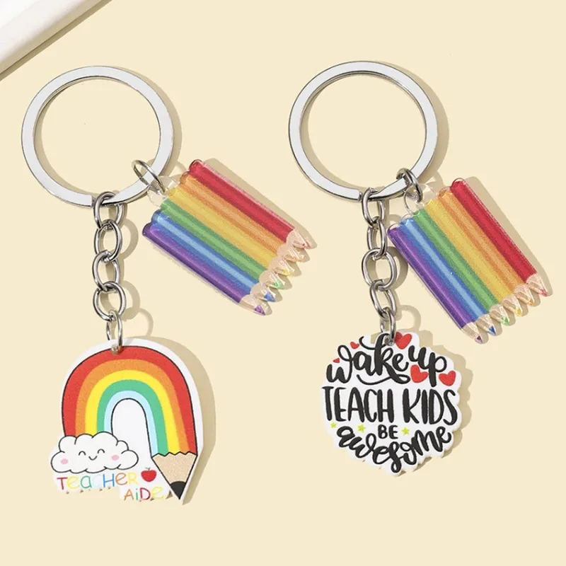 1pcs Creative Cute Rainbow Pencil Brand Keychain Graduation English Letter Pendant Decoration Keyrings Gifts for Teachers