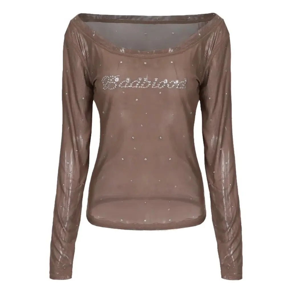 

Badblood Pure Desire Korean Trendy Brand Mesh Long-Sleeved One-Shoulder Diamond Detail See-Through T-Shirt Sexy HoT Top