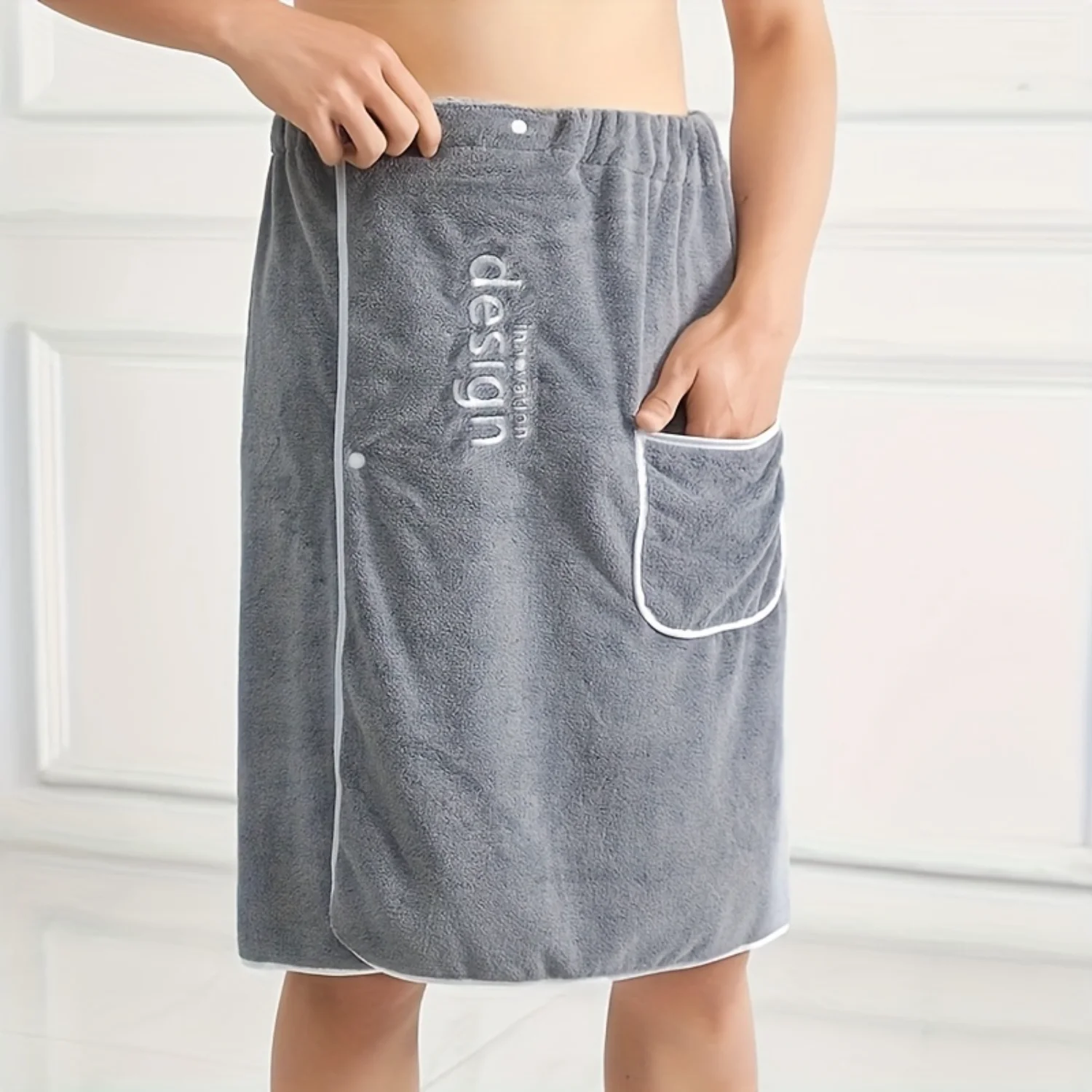 

Men's Soft Coral Fleece Shower Skirt with Pocket - Plain Color Bath Wrap