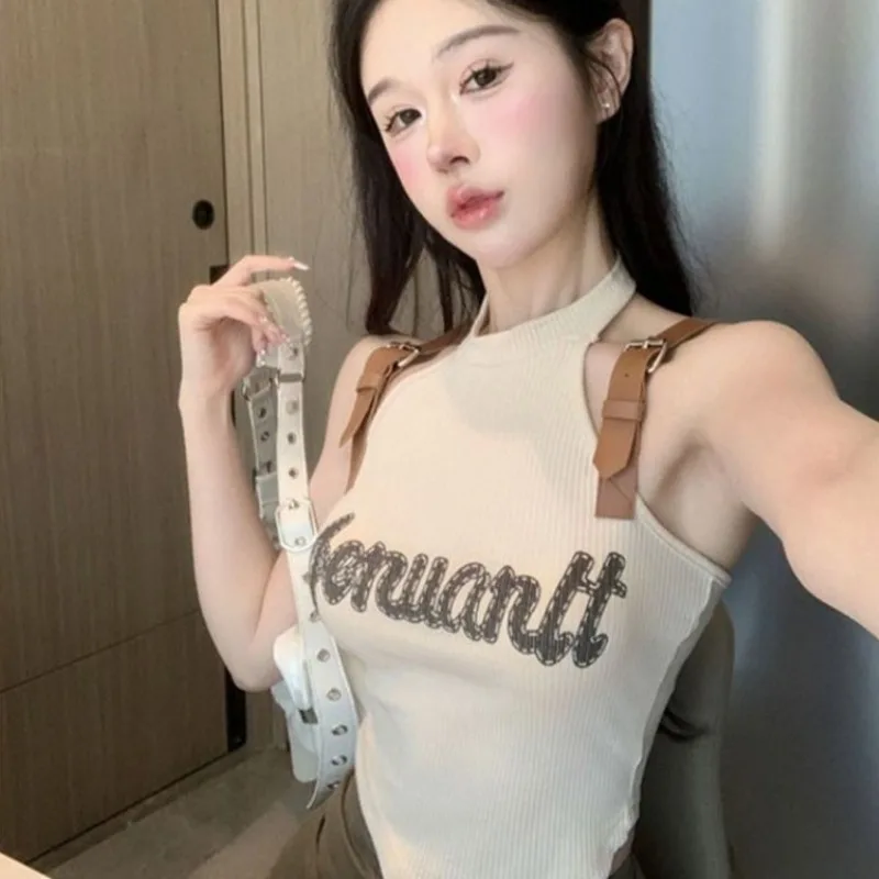 Summer Tanks Women Letter Printed Off Shoulder Belt Buckle Decoration Cropped Sleeveless Tops Korean Style Spicy Girls Sexy Chic