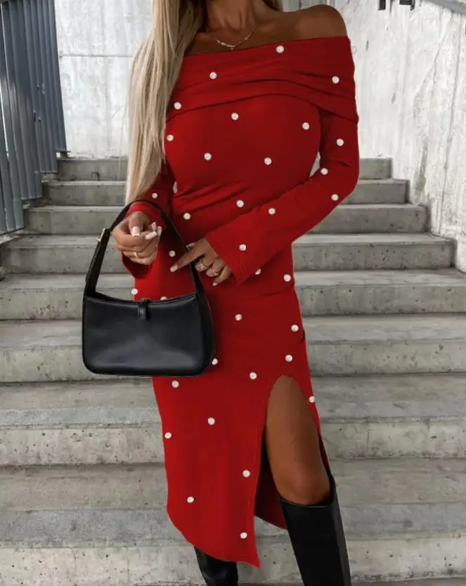 

One Line Neck Long Sleeved Split Off Shoulder Slimming Midi Dress New Fashion 2023 Best-Selling Women's Clothing