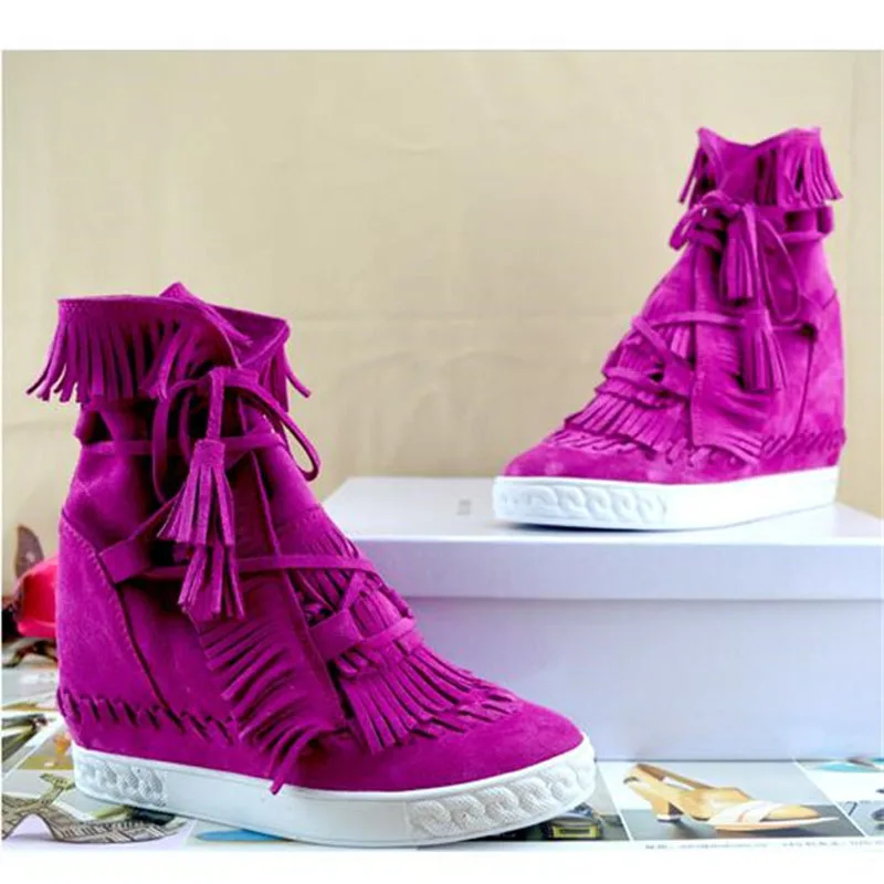 

Round Toe Suede Leather Tassel Lace up Causal Shoes Ladies Inner Height Increased Women High Top Fringed Tongue Wedge Sneaker